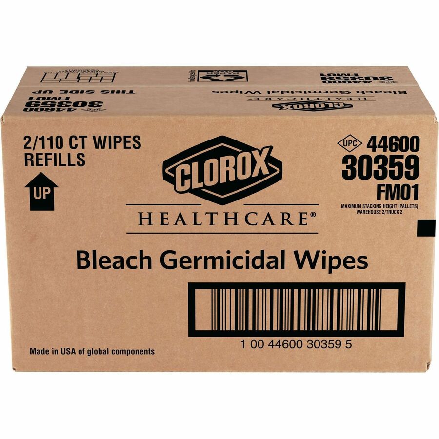 Image of Clorox® Germicidal Wipes, w/Bleach, 110/PK, 2PK/CT,50CT/BD, WE