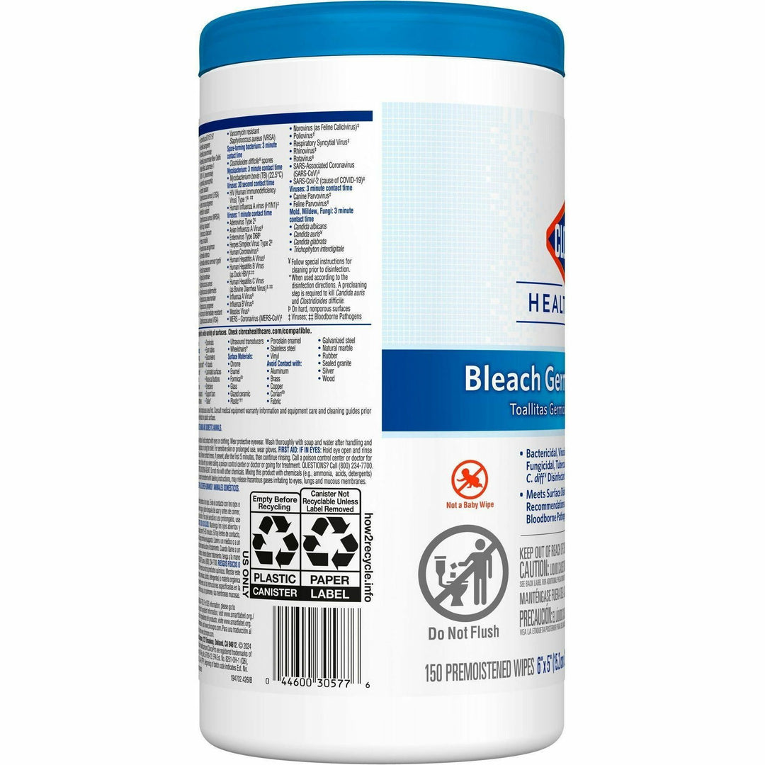 Image of Clorox® Germicidal Wipes,w/Bleach, 150 Wipes/Canister, 300/PL, White