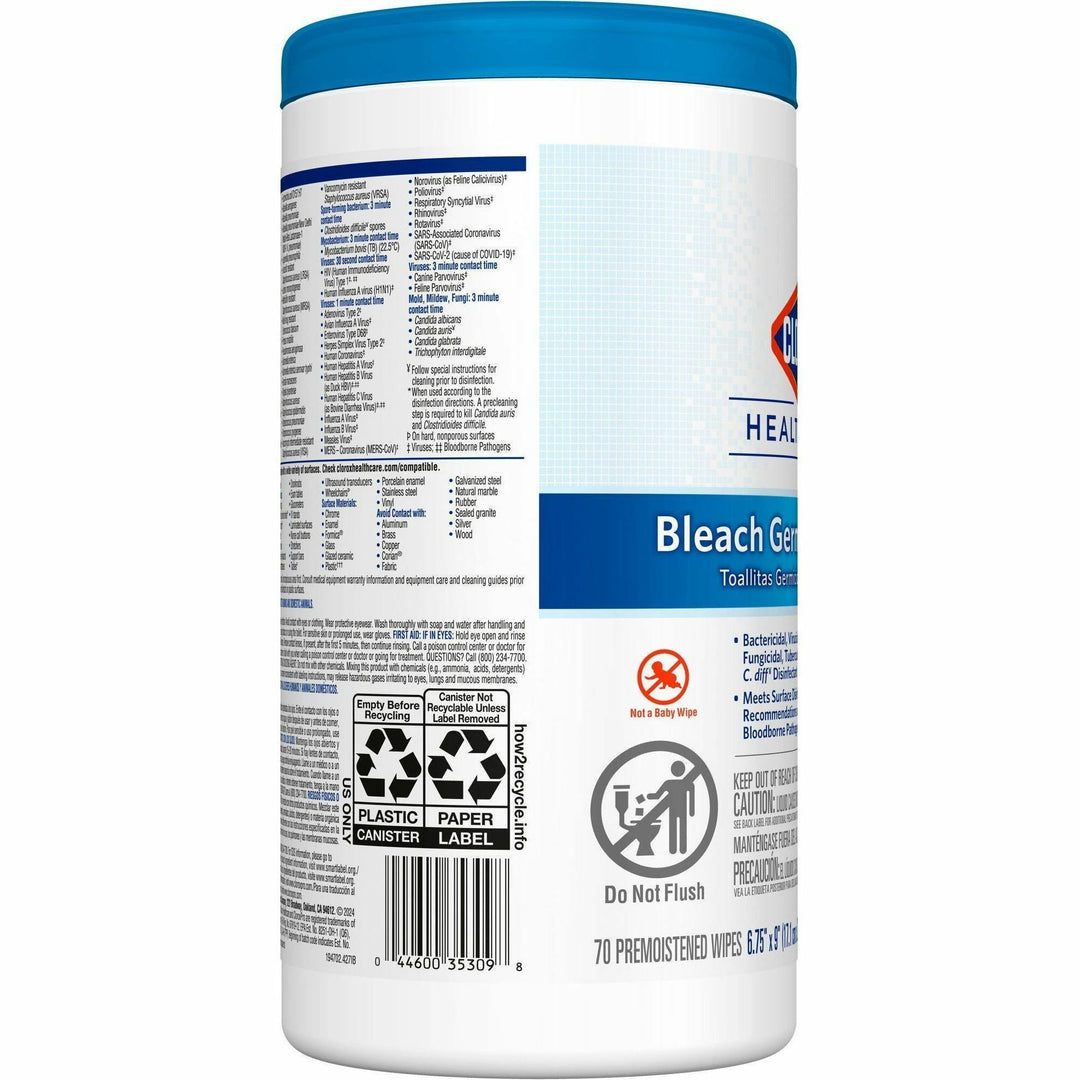 Image of Clorox® Germicidal Wipes w/Bleach, 6-3/4"x9", 70 Wipes, 450/PL, WE