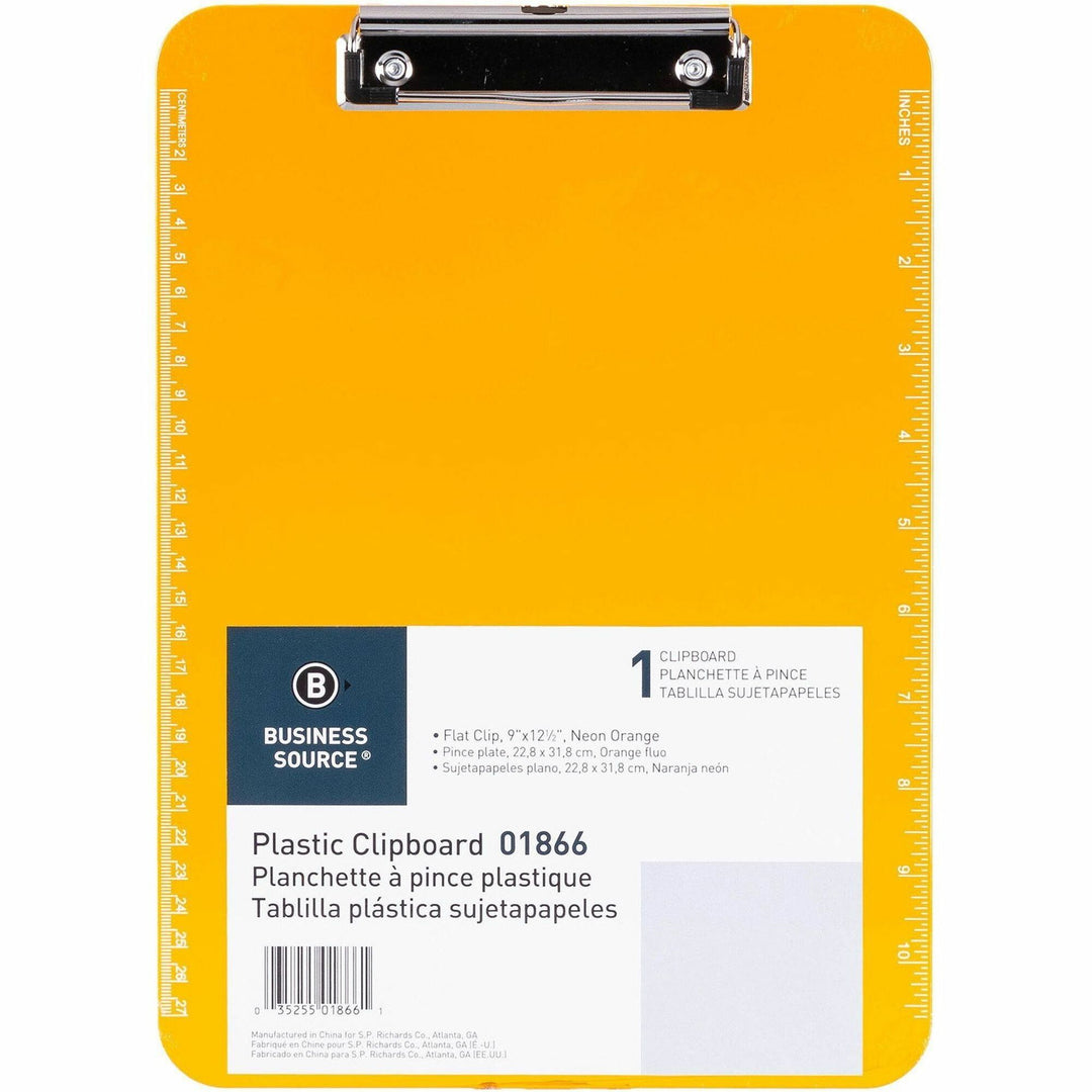 Image of Business Source Clipboard, Plastic, w/Flat Clip, 9"x12-1/2", Neon Orange