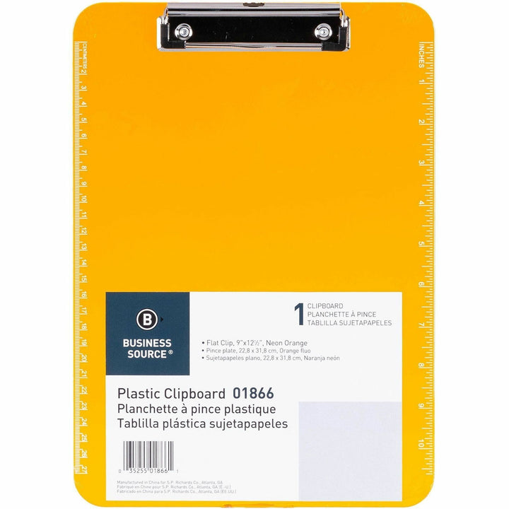 Image of Business Source Clipboard, Plastic, w/Flat Clip, 9"x12-1/2", Neon Orange