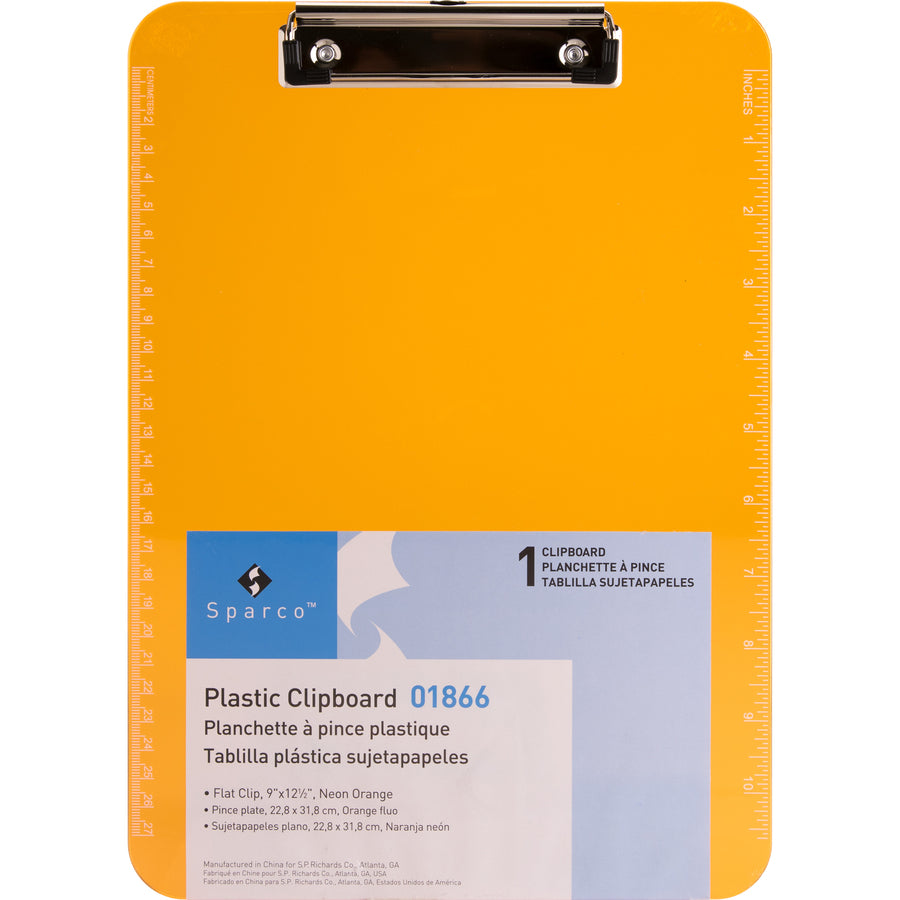 Image of Business Source Clipboard, Plastic, w/Flat Clip, 9"x12-1/2", Neon Orange