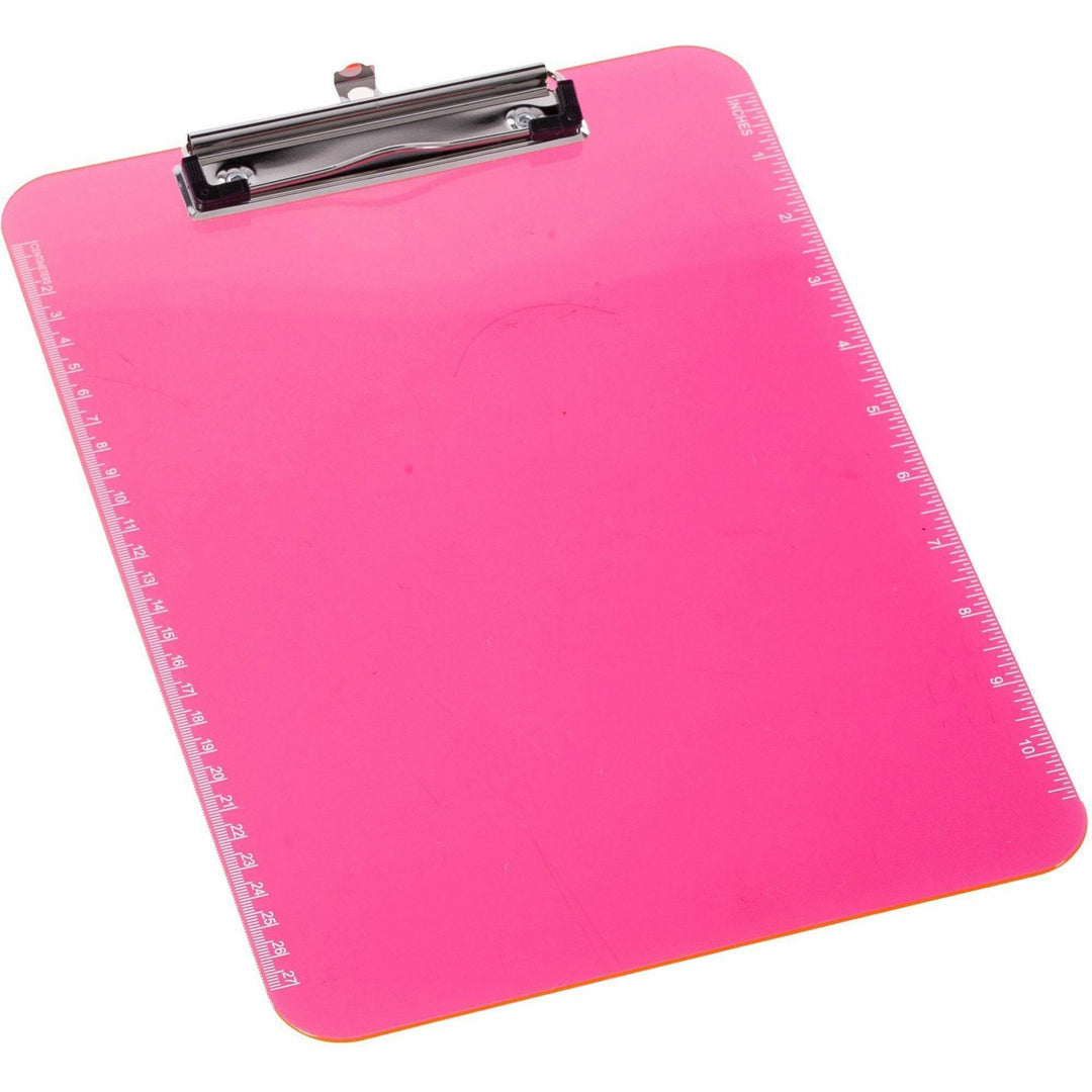 Image of Business Source Clipboard, Plastic, w/Flat Clip, 9"x12-1/2", Neon Pink