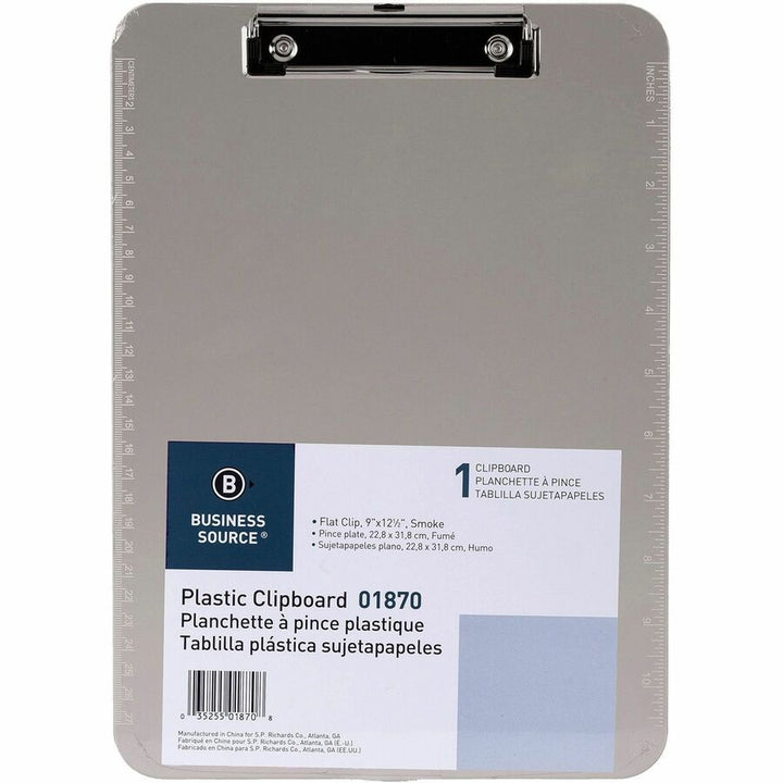 Image of Business Source Clipboard, Plastic, w/Flat Clip, 9"x12-1/2", Smoke