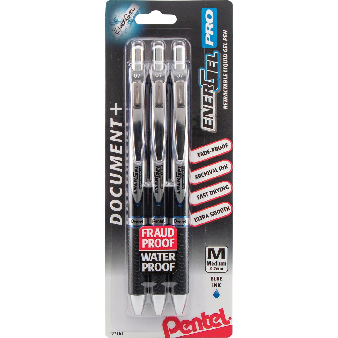 Image of Pentel® EnerGel PRO Hybrid Gel Pen, Retractable, Medium 0.7 mm, Blue Ink, Black Barrel, 3/Pack