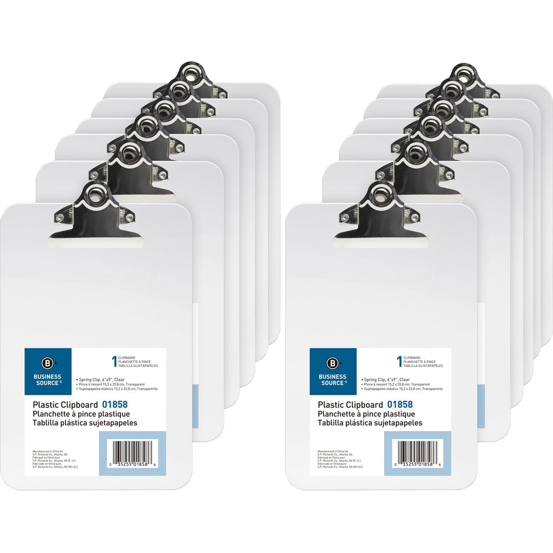 Image of Business Source Clipboard, Plastic, w/Spring Clip, 6"x9", 12/BX, Clear