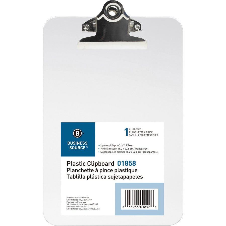 Image of Business Source Clipboard, Plastic, w/Spring Clip, 6"x9", 12/BX, Clear