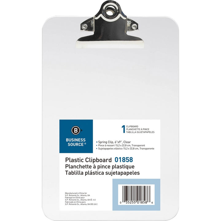 Image of Business Source Clipboard, Plastic, w/Spring Clip, 6"x9", 12/BX, Clear
