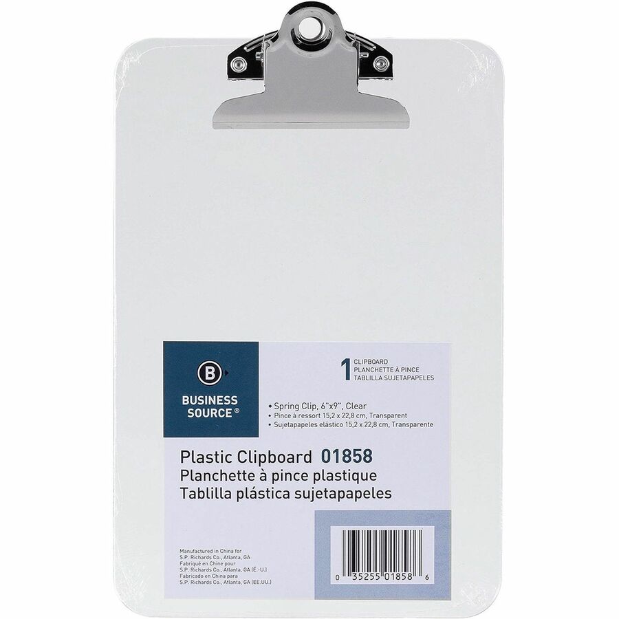 Image of Business Source Clipboard, Plastic, w/Spring Clip, 6"x9", 12/BX, Clear