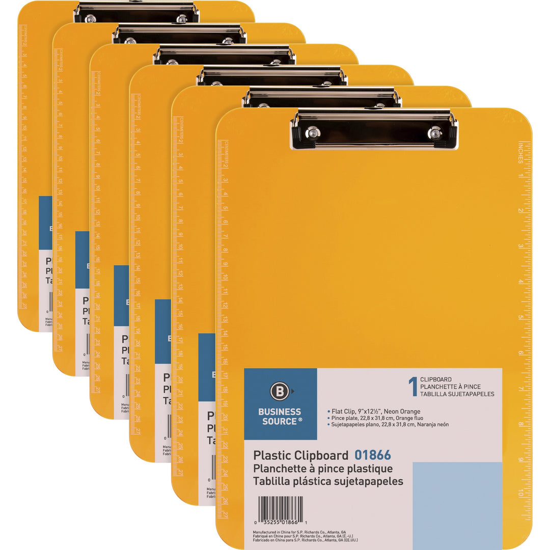 Image of Business Source Clipboards,Plastic,w/Flat Clip, 9"x12-1/2",6/BD,Neon Orange
