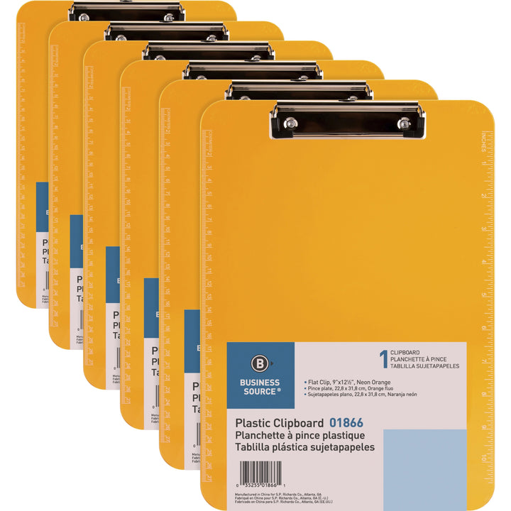 Image of Business Source Clipboards,Plastic,w/Flat Clip, 9"x12-1/2",6/BD,Neon Orange