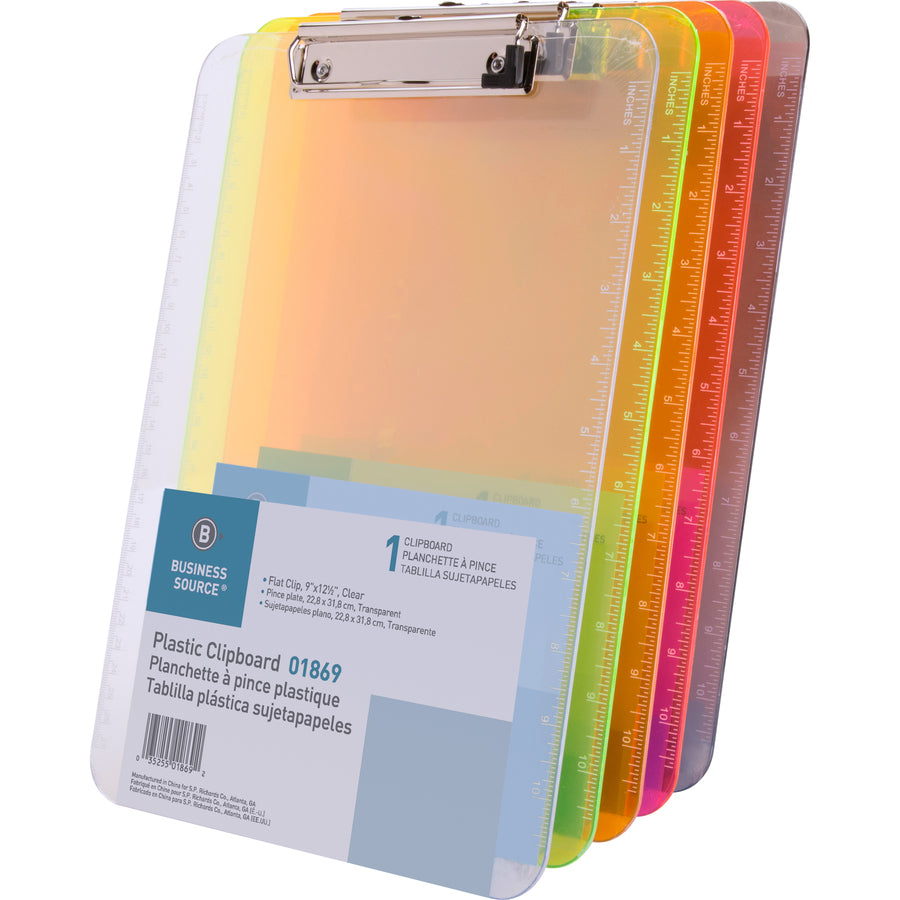 Image of Business Source Clipboards,Plastic,w/Flat Clip, 9"x12-1/2",6/BD,Neon Orange