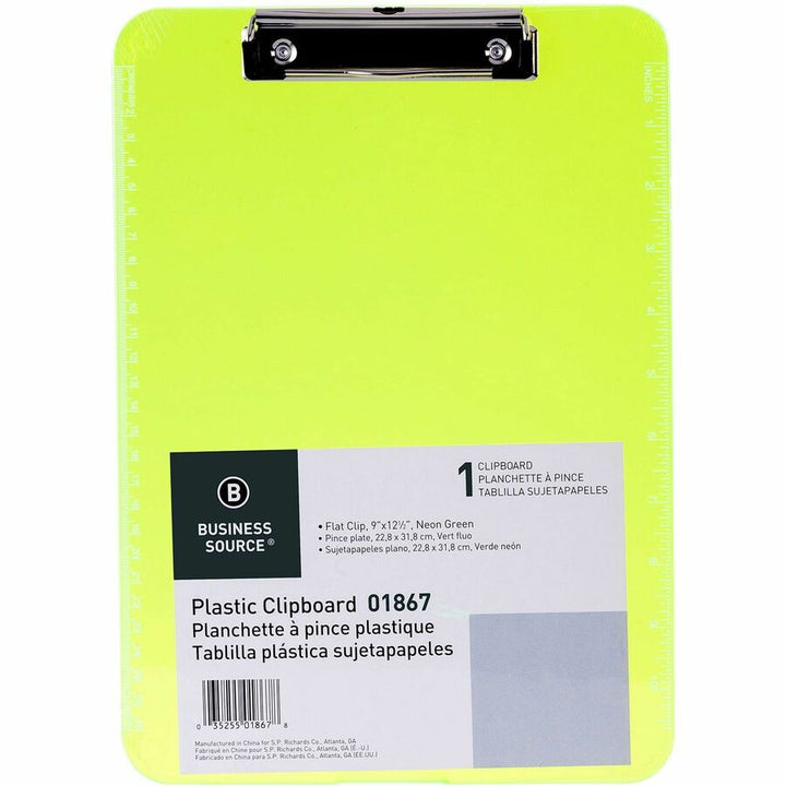 Image of Business Source Clipboards,Plastic,w/Flat Clip, 9"x12-1/2",6/BD,Neon Green