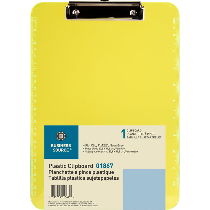 Image of Business Source Clipboards,Plastic,w/Flat Clip, 9"x12-1/2",6/BD,Neon Green