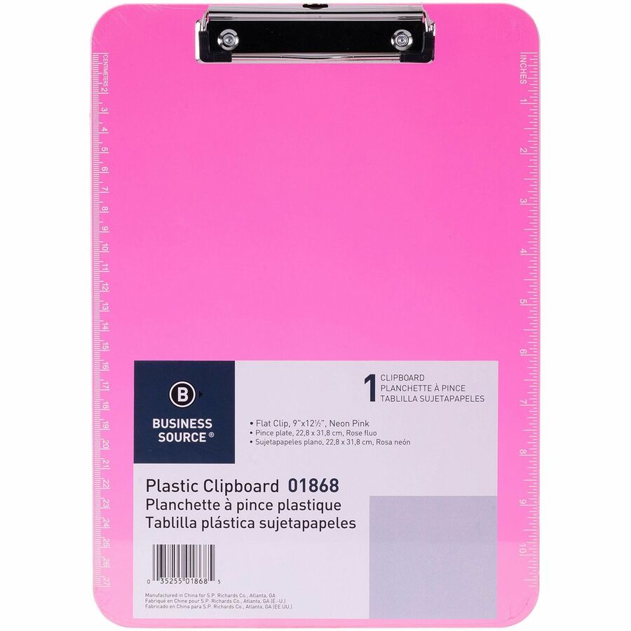 Image of Business Source Clipboards,Plastic,w/Flat Clip, 9"x12-1/2",6/BD,Neon Pink