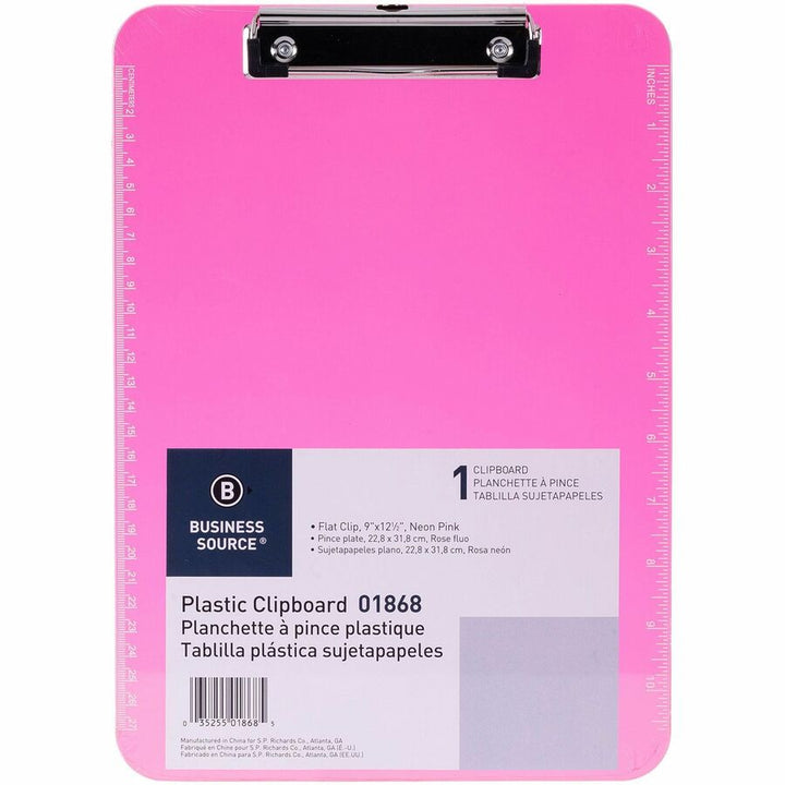 Image of Business Source Clipboards,Plastic,w/Flat Clip, 9"x12-1/2",6/BD,Neon Pink