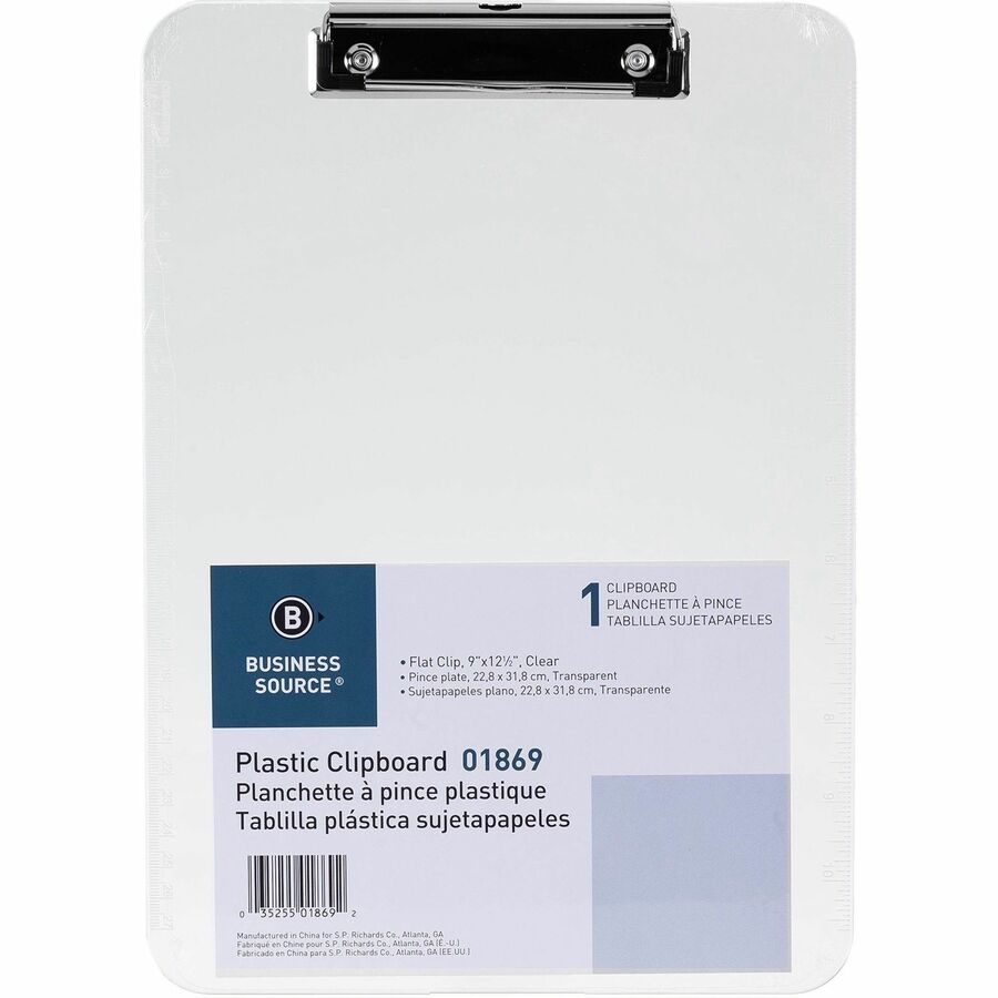 Image of Business Source Clipboards,Plastic,w/Flat Clip, 9"x12-1/2",6/BD,Clear