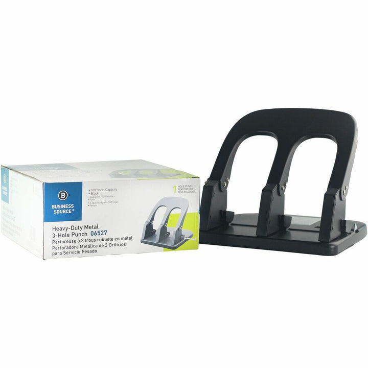 Image of Business Source 3-Hole Punch, 100 Sht Cap, 10-1/5"x10-2/5"x6-1/5", Black
