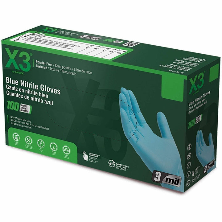 Image of Ammex X344100 X3 Blue Nitrile Industrial Latex Free Disposable Gloves (Case of 1000)