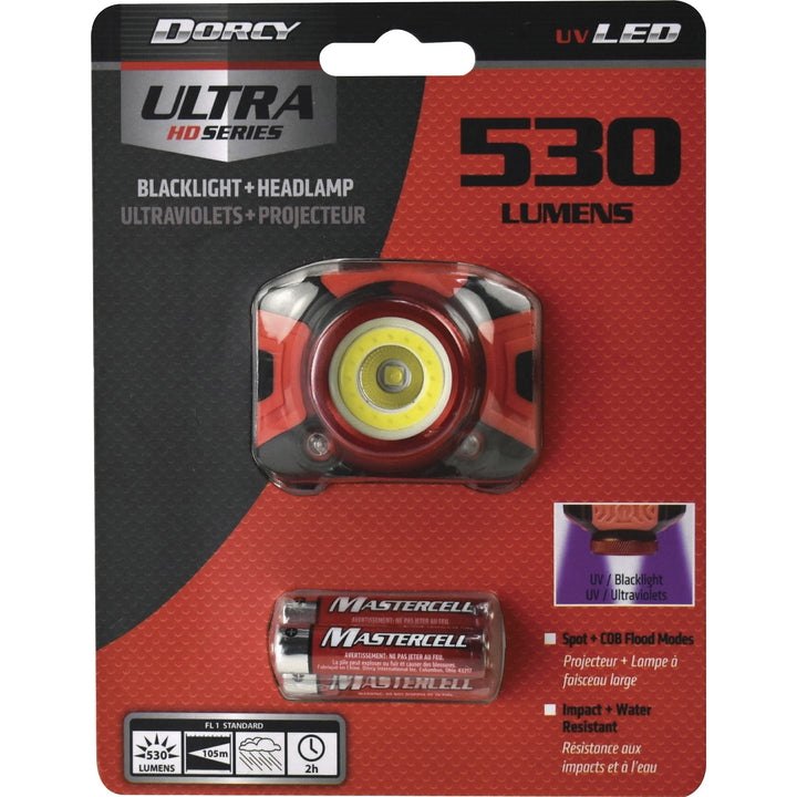 Image of Dorcy 414335 Ultra HD 530 Lumen Headlamp, 530 lm Lumen, AAA, Battery, Water Resistant, Black, Red, 1 Each