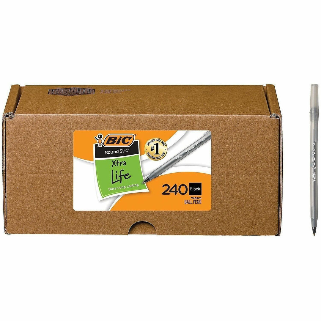 Image of BIC® Round Stic Xtra Life Ballpoint Pen Xtra Value Pack, Stick, Medium 1 mm, Black Ink, Translucent Frost Barrel, 240/Carton