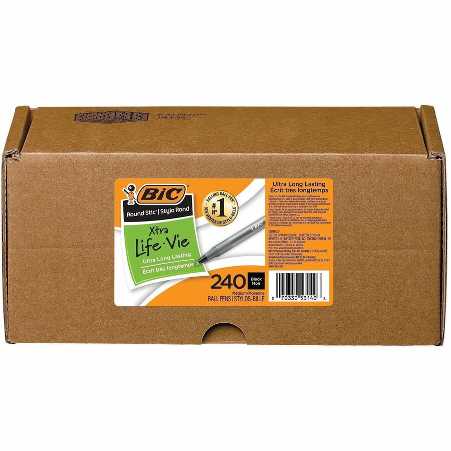 Image of BIC® Round Stic Xtra Life Ballpoint Pen Xtra Value Pack, Stick, Medium 1 mm, Black Ink, Translucent Frost Barrel, 240/Carton