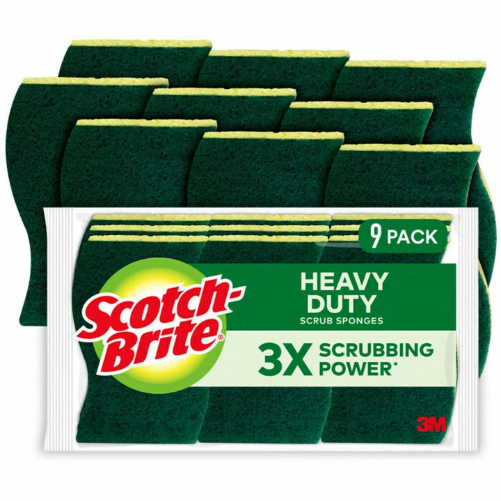 Image of 3M Scrub Sponges, Hvy-Duty, 4-1/2"x2-3/4", 9/PK, YW/GN