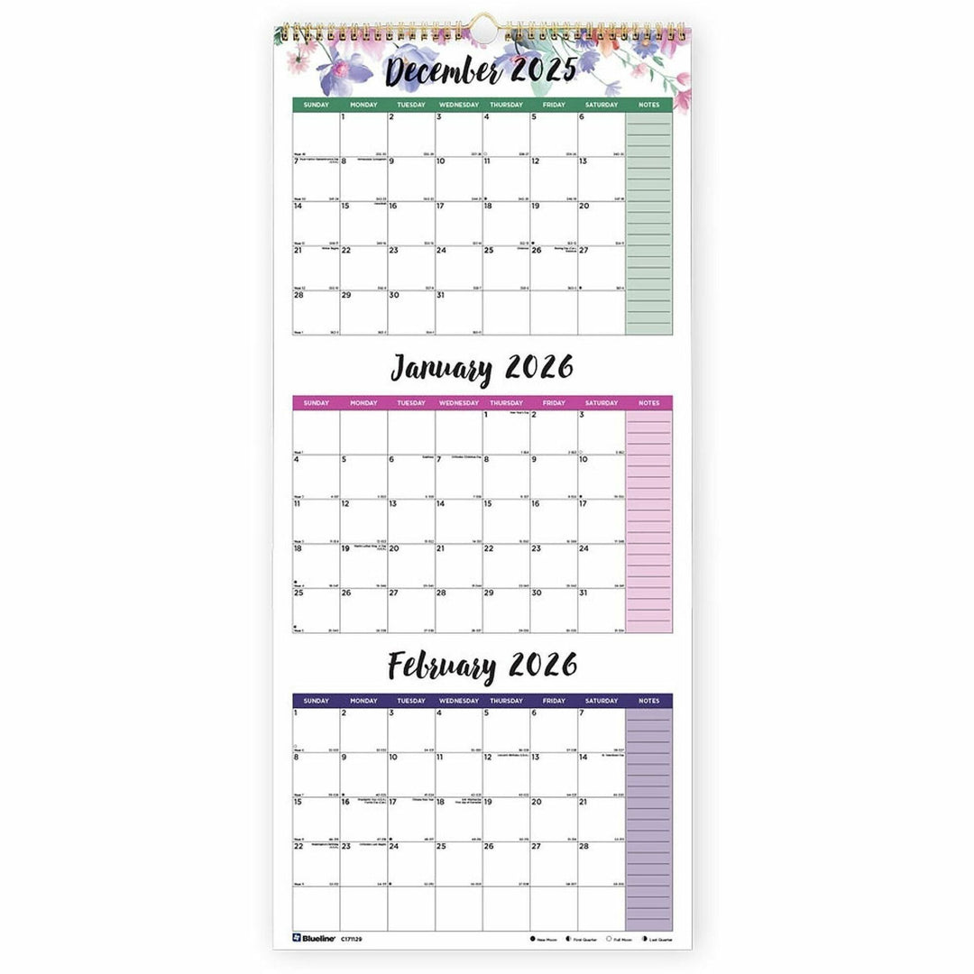 Image of Blueline® 3-Month Wall Calendar, Colorful Leaves Artwork, 12.25 x 27, White/Multicolor Sheets, 14-Month (Dec to Jan): 2025