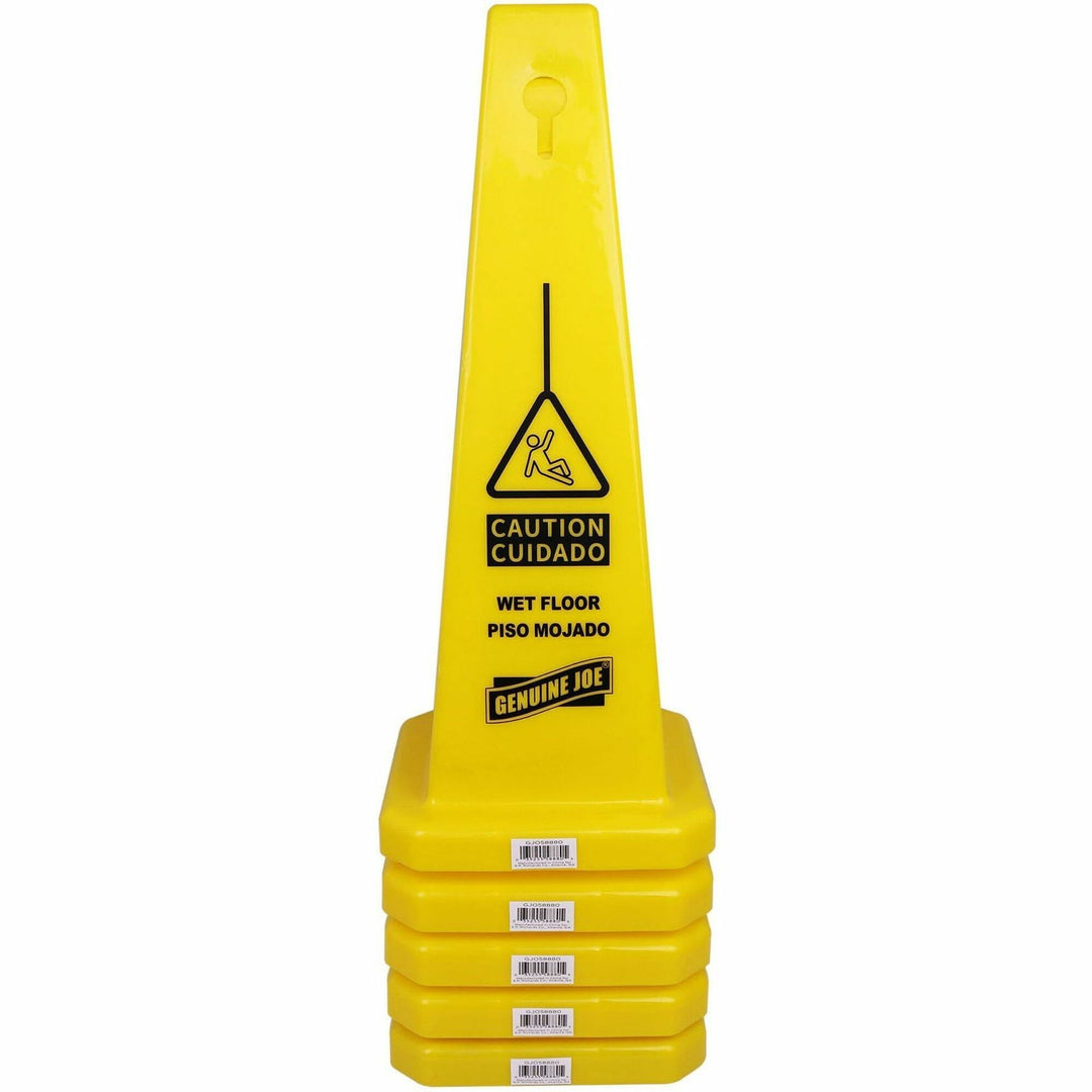 Image of Genuine Joe Caution Safety Cone,Spanish/Engl,4-Sided,10"x10"x24",5/CT,YW