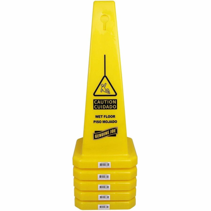 Image of Genuine Joe Caution Safety Cone,Spanish/Engl,4-Sided,10"x10"x24",5/CT,YW