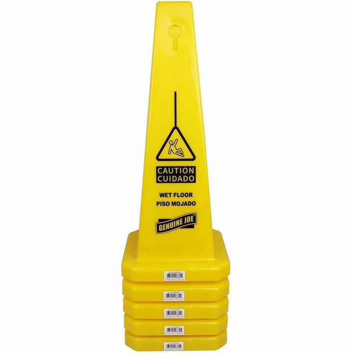 Image of Genuine Joe Caution Safety Cone,Spanish/Engl,4-Sided,10"x10"x24",5/CT,YW