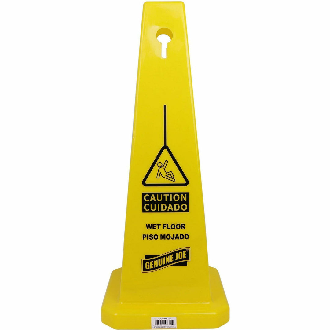 Image of Genuine Joe Caution Safety Cone,Spanish/Engl,4-Sided,10"x10"x24",5/CT,YW