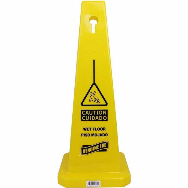Image of Genuine Joe Caution Safety Cone,Spanish/Engl,4-Sided,10"x10"x24",5/CT,YW