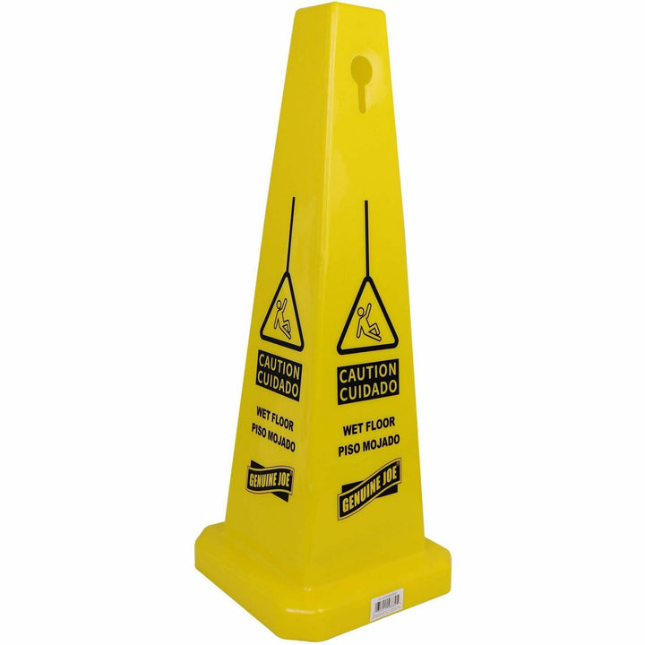 Image of Genuine Joe Caution Safety Cone,Spanish/Engl,4-Sided,10"x10"x24",5/CT,YW