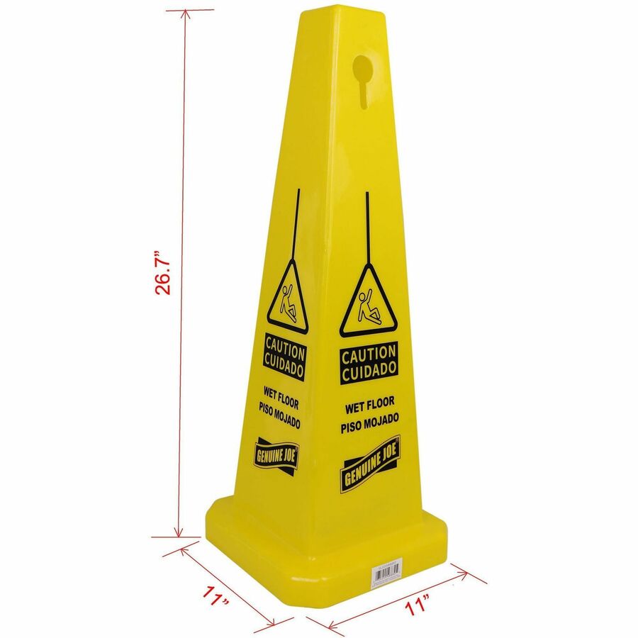 Image of Genuine Joe Caution Safety Cone,Spanish/Engl,4-Sided,10"x10"x24",5/CT,YW