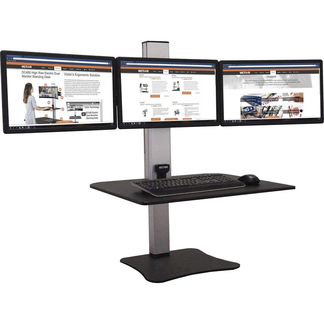Image of Victor® High Rise Electric Triple Monitor Standing Desk Workstation, 28 x 23 x 20, Black/Aluminum