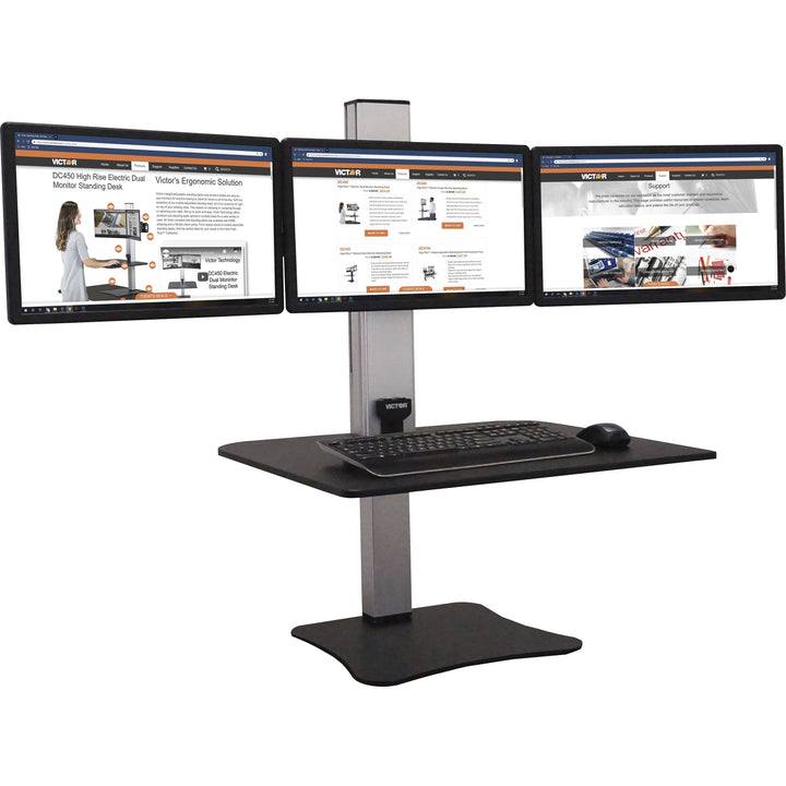 Image of Victor® High Rise Electric Triple Monitor Standing Desk Workstation, 28 x 23 x 20, Black/Aluminum