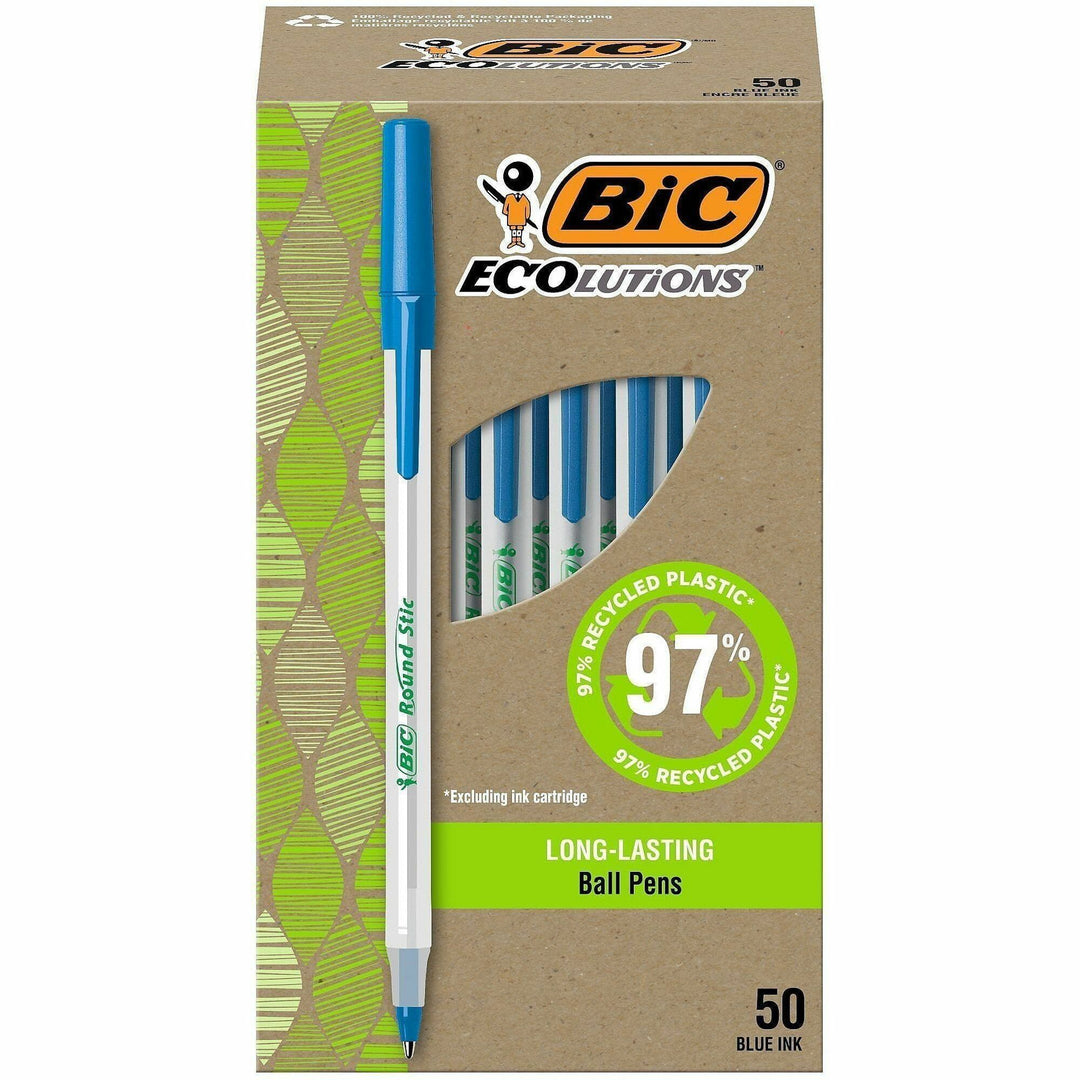 Image of BIC GSME509-BLU Ecolutions Round Stic Ball Point Pen, 1 mm Pen Point, Blue Ink, Semi Clear Barrel, 50 / Box
