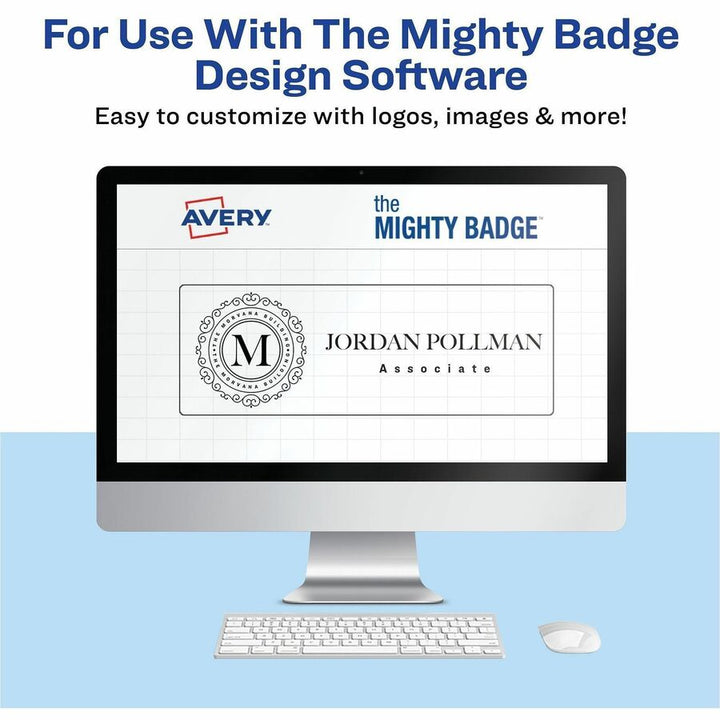 Image of Avery® The Mighty Badge Name Badge Holder Kit, Horizontal, 3 x 1, Laser, Silver, 10 Holders and 80 Inserts/Kit