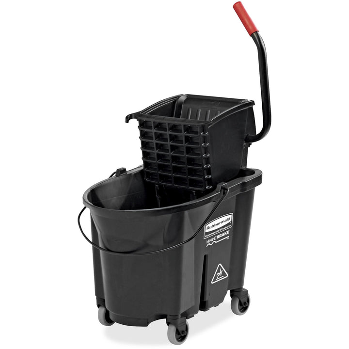 Image of Rubbermaid Commercial 1863896 WaveBrake Side Press Mop Bucket, 8.75 gal, Wringer, 19.8" x 16.1", Tubular Steel, Plastic, Black, 1 Carton