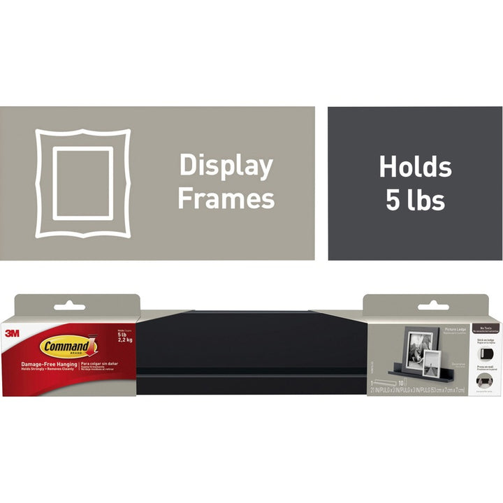 Image of 3M Shelf Ledge, 10 Command Strips, Holds 5 lb, 3"Wx21"Lx3"H, BK