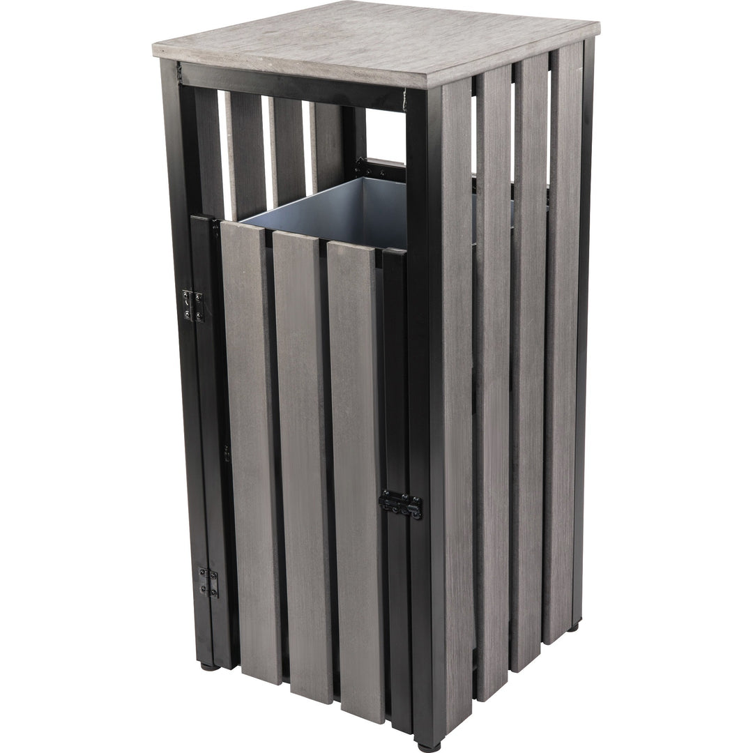 Image of Lorell 42693 Faux Wood Outdoor Waste Bin, Rectangular, Weather Resistant, 33.6" Height, Polystyrene, Weathered Charcoal, 1 Each