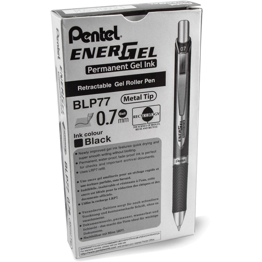 Image of Pentel® EnerGel PRO Permanent Ink Hybrid Gel Pen, Retractable, Medium 0.7 mm, Black Ink, Black Barrel