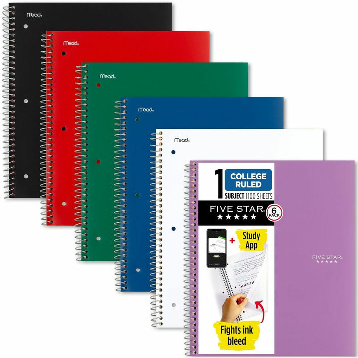 Image of Five Star® Wirebound Notebook, 1-Subject, Medium/College Rule, Assorted Cover Colors, (100) 11 x 8.5 Sheets, 6/Pack