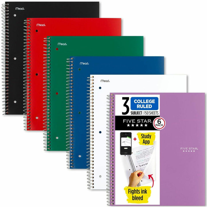 Image of Five Star® Wirebound Notebook, 3-Subject, Medium/College Rule, Assorted Cover Colors, (150) 11 x 9.13 Sheets, 6/Pack