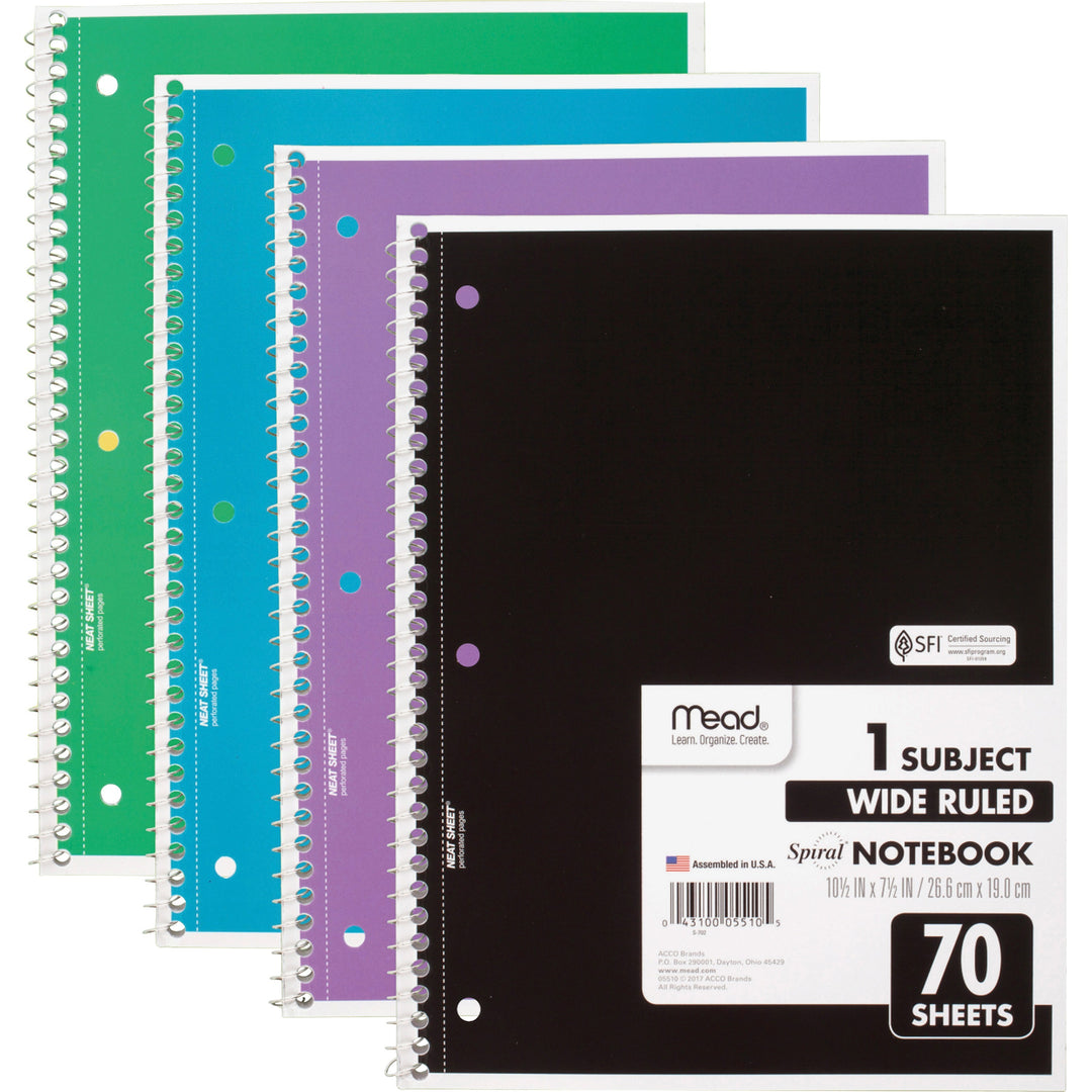 Image of Mead® Spiral Notebook, 1-Subject, Wide/Legal Rule, Randomly Assorted Cover Colors, (70) 10.5 x 8 Sheets, 4/Pack