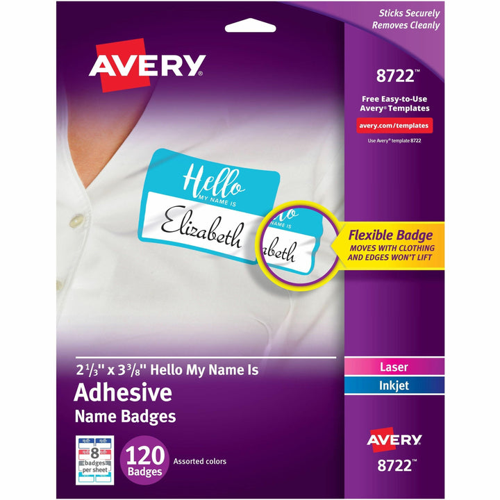Image of Avery® Flexible Adhesive Name Badge Labels, "hello", 3 3/8 X 2 1/3, Assorted, 120/pk