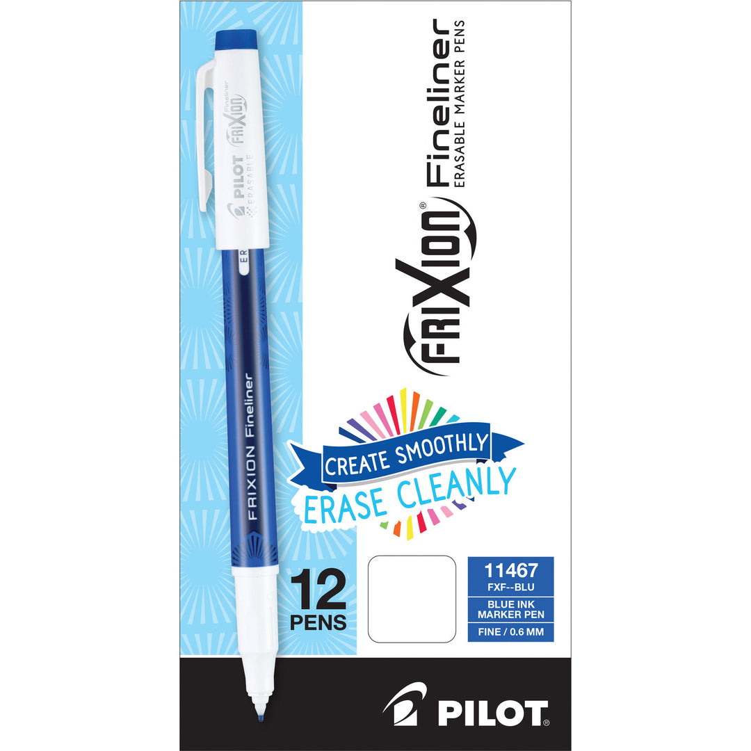 Image of Pilot® FriXion Fineliner Erasable Porous Point Pen, Stick, Fine 0.6 mm, Blue Ink, Blue/White Barrel, Dozen