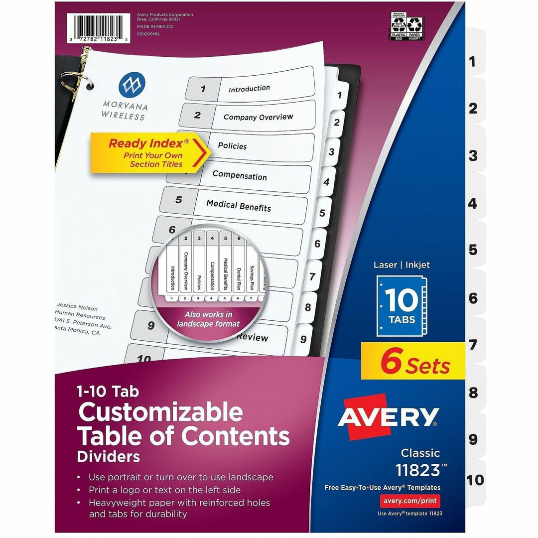 Image of Avery® customizable table of contents ready index black and white dividers, 10-tab, 1 to 10, 11 x 8.5, white, 6 sets