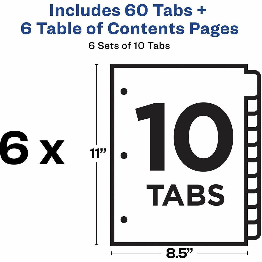 Image of Avery® customizable table of contents ready index black and white dividers, 10-tab, 1 to 10, 11 x 8.5, white, 6 sets